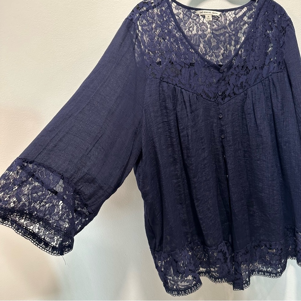 Zac & Rachel Navy Lace Trim Sheer Lightweight Chic 3/4 Sleeve Top Womens Size 1X - Picture 4 of 8